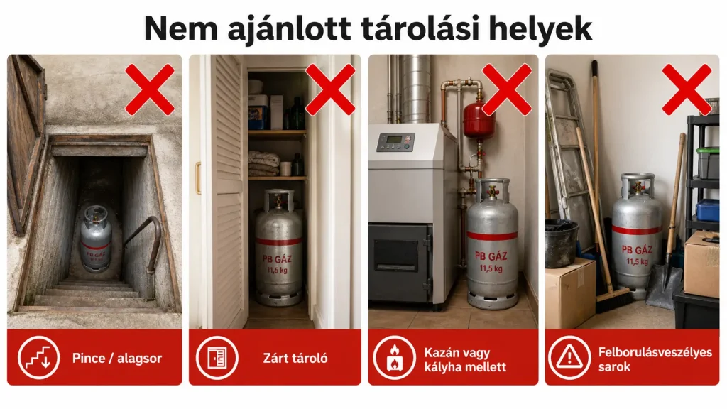 A PB gázpalackot nem szabad rosszul szellőző, mélyen fekvő, hőforrás közeli vagy instabil helyen tárolni.