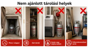 A PB gázpalackot nem szabad rosszul szellőző, mélyen fekvő, hőforrás közeli vagy instabil helyen tárolni.