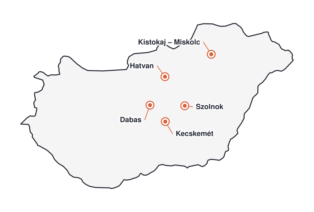 Gáztranszporter ipari gáz telephelyei Magyarországon – Dabas, Kecskemét, Szolnok, Hatvan és Kistokaj